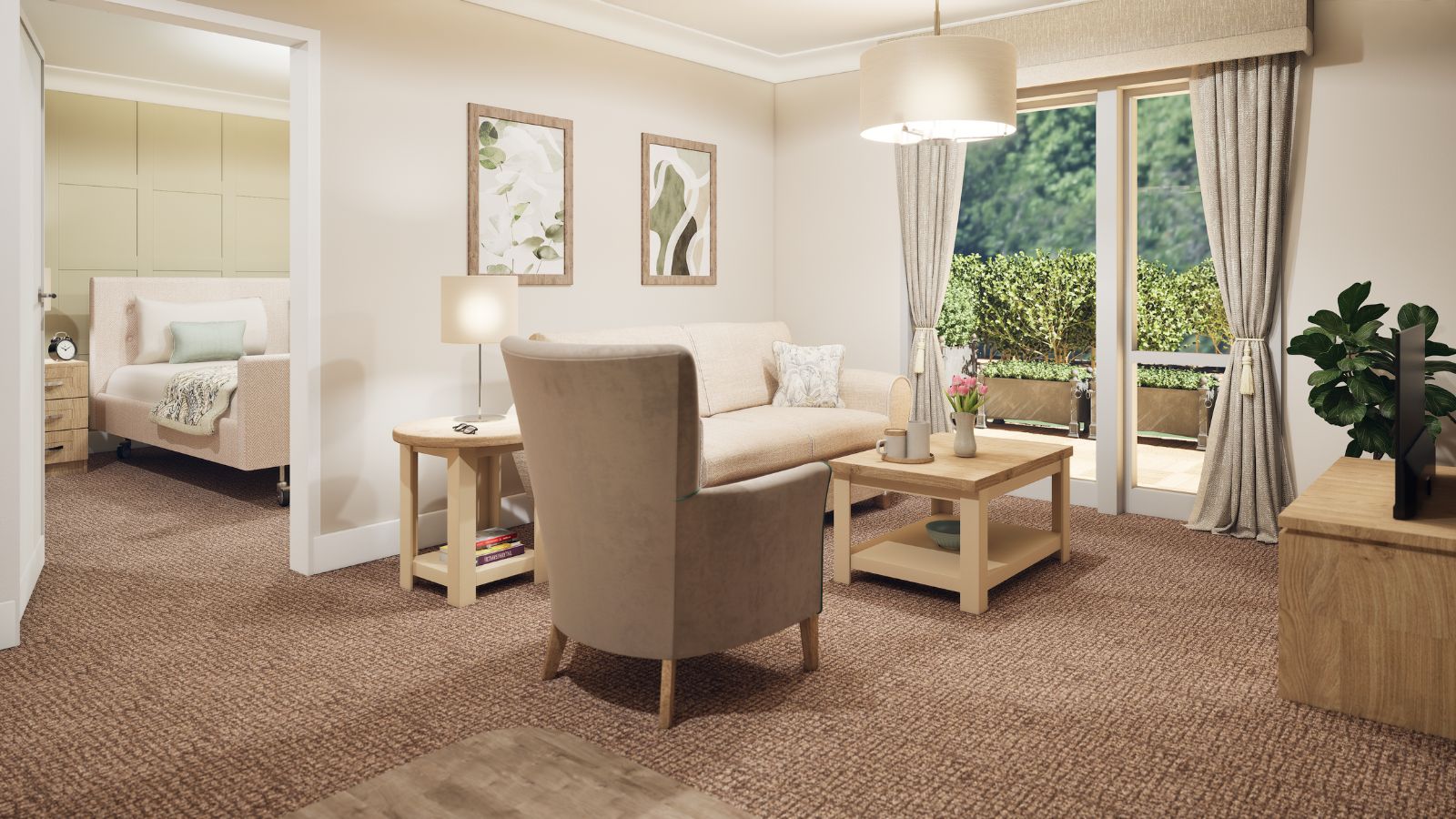 A neutrally decorated living area with comfortable furniture and long patio windows with an ajar door leading into a spacious double bedroom 