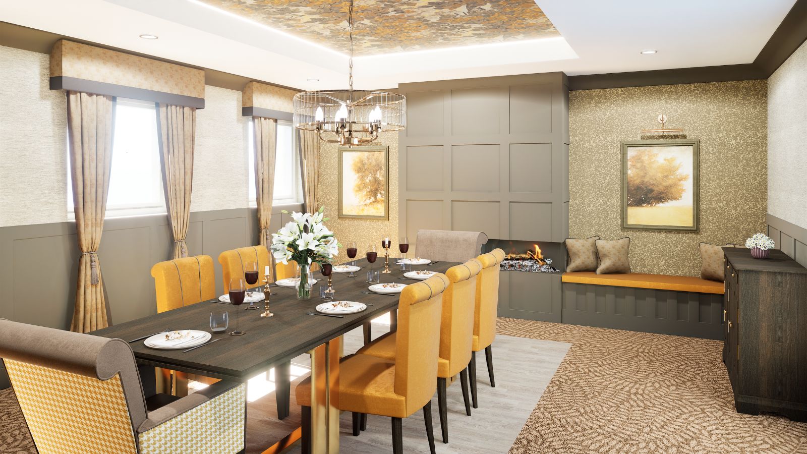 A private dining area with panelled walls, a beautifully dressed long dining table with 8 chairs