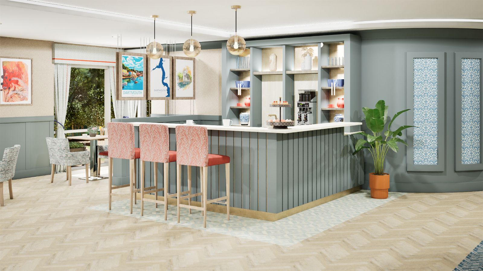 Bright, modern café with pastel walls, pink-upholstered high chairs at a counter, pendant lights, decorative shelves, and a seating area by large window