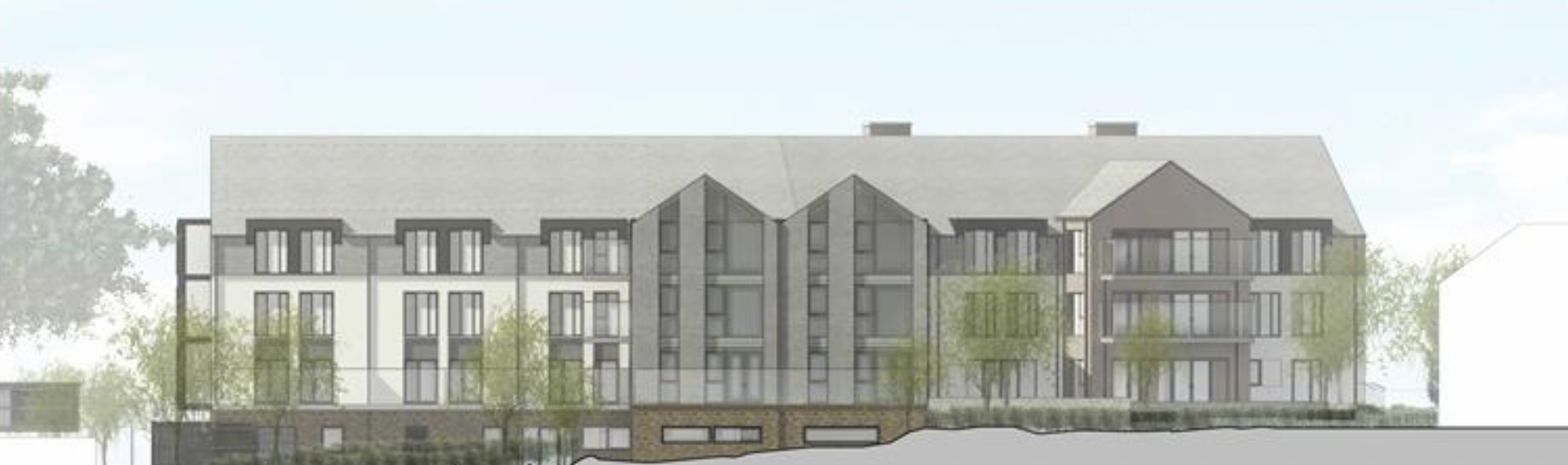 Architectural rendering of a modern multi-story residential building with large windows, balconies, and contrasting li.ght and dark exterior finishes, surrounded by trees and greenery