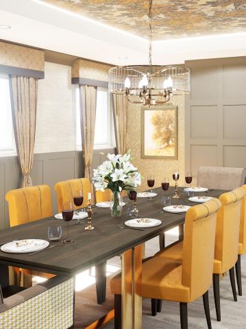 CGI Image of Private Dining Setting With High Ceilings and Elegant Decor